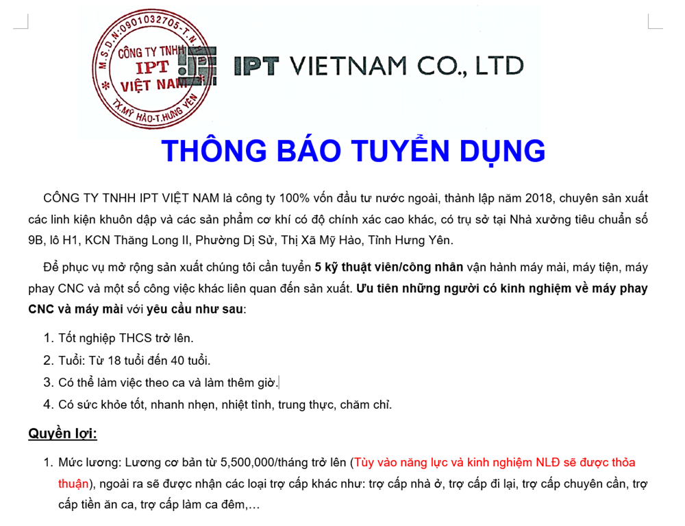 THÔNG BÁO TUYỂN DỤNG 10/2025